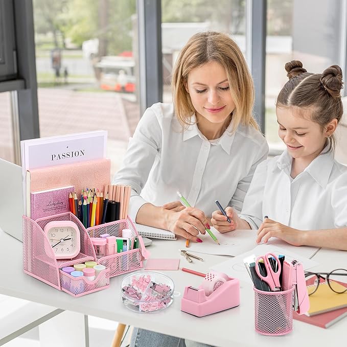 SYMDROMIA 13-in-1 Office Desk Organizer Set with Stapler and Tape Dispenser, Pen Holder, Scissors, Ruler, Hole Punch, 2 Pens & More Desktop Accessories for Back to School Supplies (Pink)