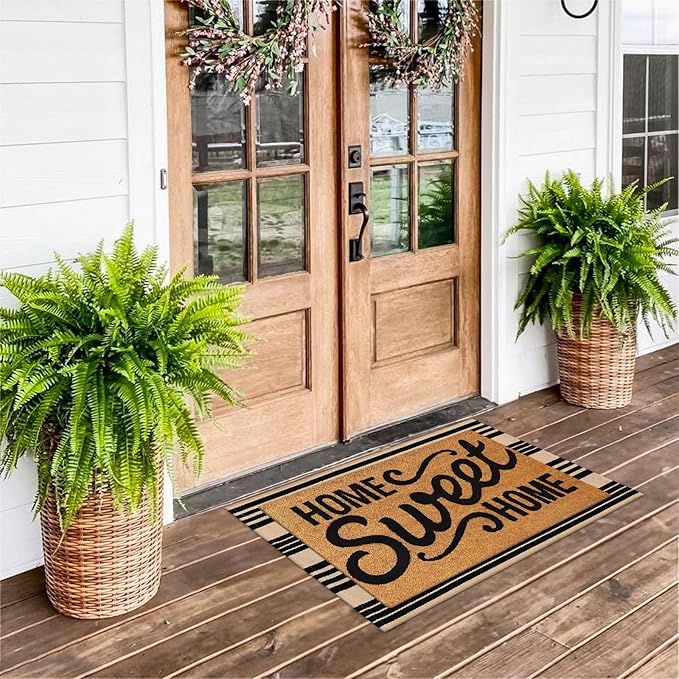 KIMODE Front Door Mats 24"x35", Striped Layered Door Mats Outdoor, Washable Farmhouse Outdoor Porch Decor, Cotton Hand Woven Rugs for Entryway Kitchen Black and Khaki