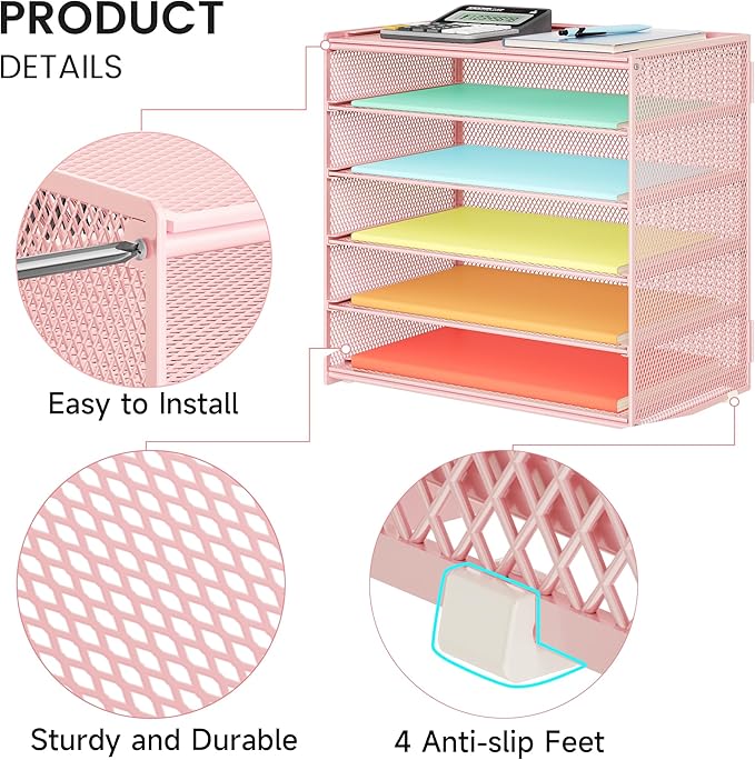 2 Pack 6 Tier Paper Organizer, Metal Mesh Desk File Folder, Letter Tray Organizer, Paper Sorter Desk Organizers for Office, Home or School File Folder Holder - Pink (Pink-2pack)