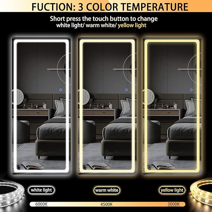 Hasipu Full Length Mirror with Lights, 65" x 22" LED Floor Mirror, Full Body Dressing Standing, Hanging Mounted Mirror for Living Room Bedroom Cloakroom, Round White