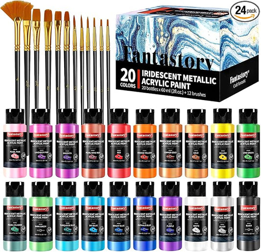 Fantastory Metallic Iridescent Acrylic Paint Set with 12 Brushes, 20 x 2oz Metallic Colors, Color-Shifting, Craft Paint Kit, Metal/Canvas/Rock/Stone/Ceramic/Model/Wood Painting [Professional Series]