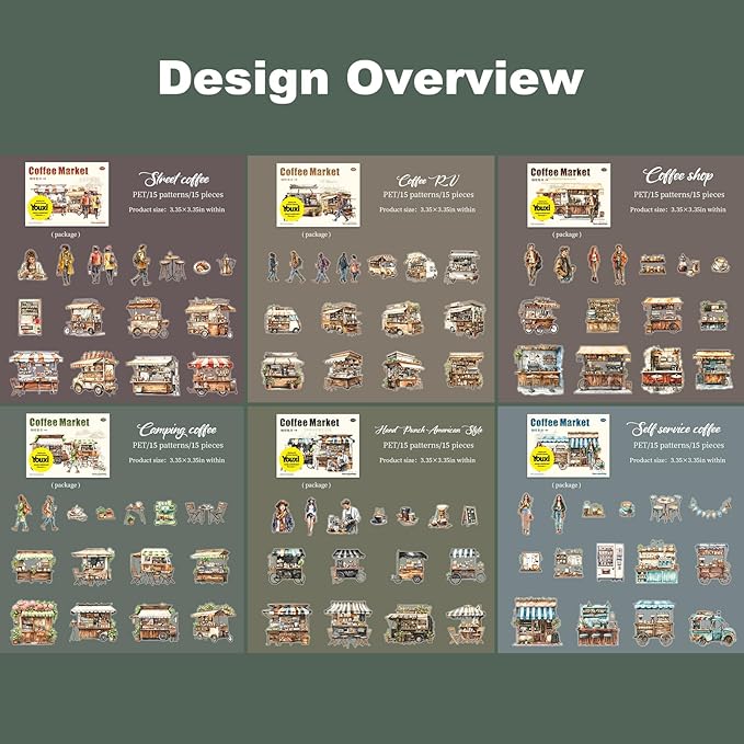 90Pcs Coffee Market PET Stickers, Vintage Coffee Truck Stickers for Scrapbooking Journaling Waterproof Crafts Supplies