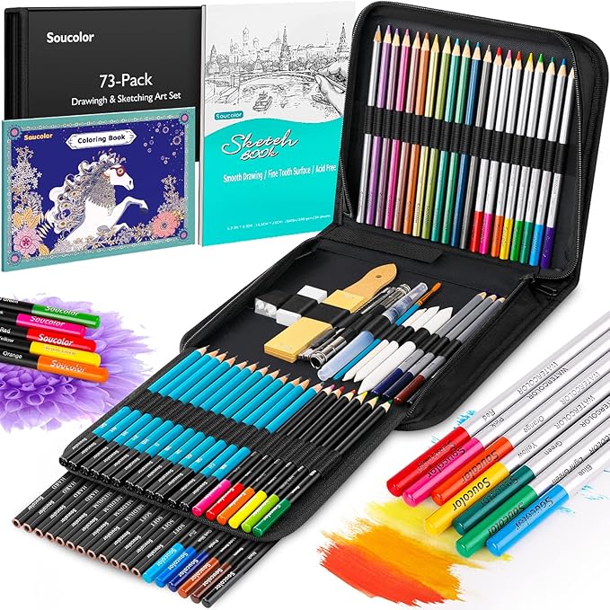 Soucolor 73 Pack Art Supplies Sketching Kit for Adults Kids Teen Gifts, School Supplies, Drawing Sketching Pencils with Sketchbook, Coloring Book, Colored Watercolor Metallic Graphite Charcoal Pencils