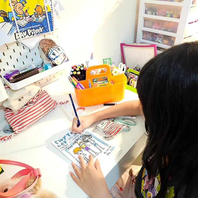 2 Pack Small 6 Compartment Multiuse Caddy Organizer with Handle Art Craft Supplies, Office, Desk, Stationery Pen Holder Stackable- Made In USA (Orange/Green)