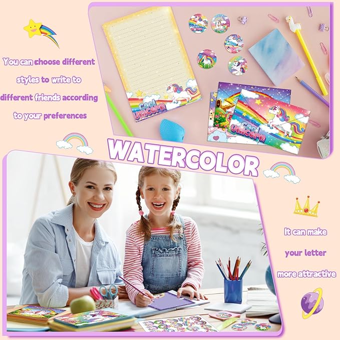 TaoBary 160 Pcs Stationery Paper Set 50 Double Sided Stationery Papers with 50 Matching Envelopes and 60 Round Dot Sticker, 10 Design(Unicorn,8.5 x 11 Inch)