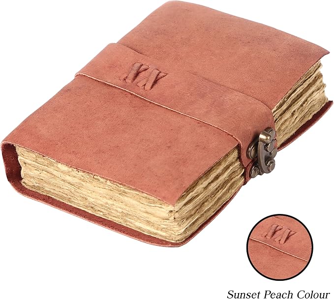 Vintage Leather Journal Handmade Buffalo Non-Refillable Deckle Edge Paper – Leather Bound Journal for Women, Men, C-Lock Closure, Ideal for Writing & Travel for Artists (Sunset Peach)