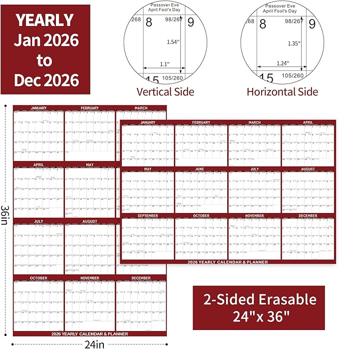 2026 Wall Calendar 24" x 36" Dry Erase Calendar for Wall from January 2026 to December 2026 12 Month Annual Large Yearly Wall Planner for Office School(Red)