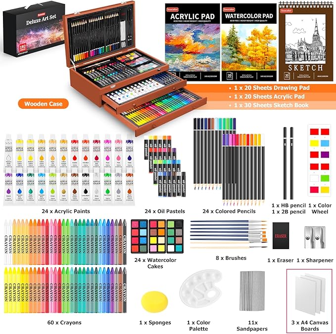 Soucolor Arts and Crafts for Kids Ages 8-12, 192-Pack Deluxe Art Set Coloring Drawing Painting Supplies Art Kit with Acrylic Pad, Watercolor Pad, Sketch Book, Canvases, Acrylic Paint, Crayons, Pencils