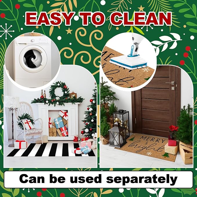 2 Pcs Christmas Door Mat Outdoor Merry Christmas Nature Coir Welcome Outdoor Rug Black White Stripe Xmas Front Porch Rugs Non Slip Floor Mats Indoor Entrance Decor
