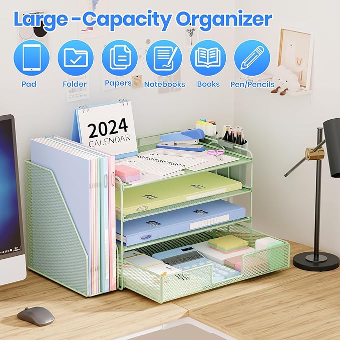 OPNICE Desk Organizer and Accessories, 4-Tier Desktop File Organizer with Drawer and 2 Pen Holders, Office Desk Accessories, File Sorters, Workspace Organizers for Office Supplies(Green)