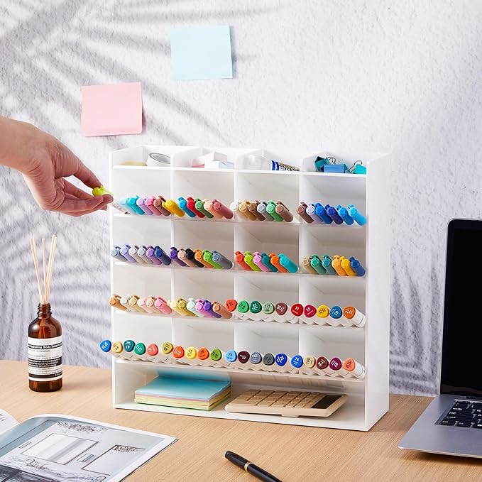 Acrylic Pen Organizer Storage for 250 Markers Vertical Marker Organizer Acrylic Pen Display Holder for Office Desk Desktop Stationery Pencil Storage, White, 13 x 4 x 12.4 Inch