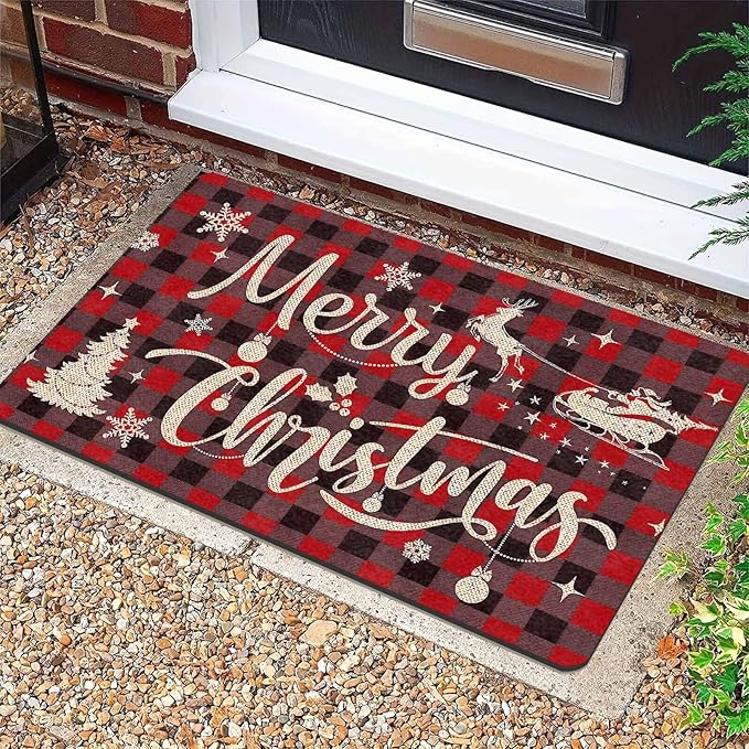 Christmas Front Door Mat Xmas Buffalo Plaid Welcome Doormat Reindeer Santa Claus Floor Mats Outdoor Indoor Area Rug Entry Doormat for Bedroom Living Room Kitchen Nursery, 16" x 24" Inch