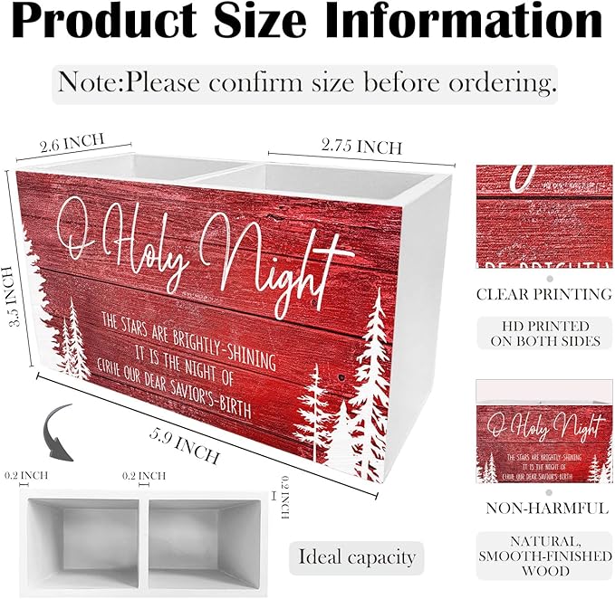 Red Rustic Christmas Tree Pen Holder for Desk, O Holy Night Holiday Christmas Wooden Box Sign Desk Decor for Home Office Decoration, Farmhouse Xmas Tree Pencil Organizer
