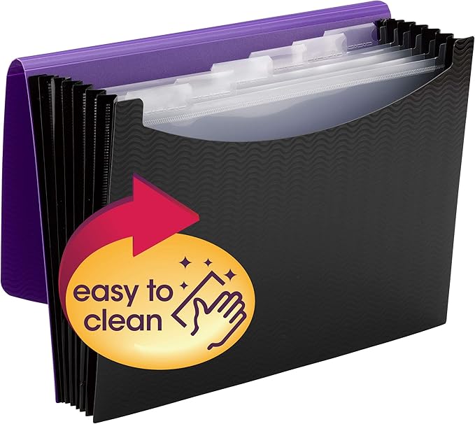 Smead Poly Expanding File, 6 Dividers, Flap and Cord Closure, Letter Size, Wave Pattern Purple/Black (70882)