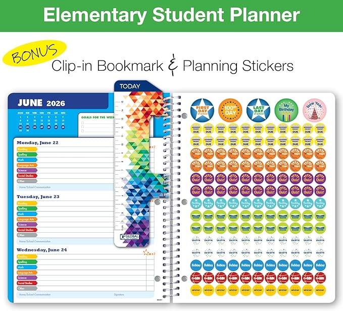 Global Datebooks 2025-2026 Elementary Student Planner 8.5x11 - Dated Weekly & Monthly Academic Planner (Large) with Ruler/Bookmark & Stickers, Ideal for Homework, Block Style, School Supplies