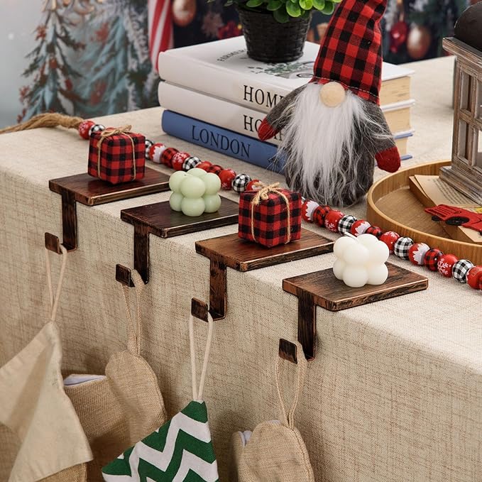 2 Pcs Christmas Stocking Holder for Mantel Fireplace Metal Stocking Hangers Hanging Hooks Heavy Duty Weighted Stocking Holder Bases for Xmas Shelf Fireplace Stair Decor (2, Red Bronze)