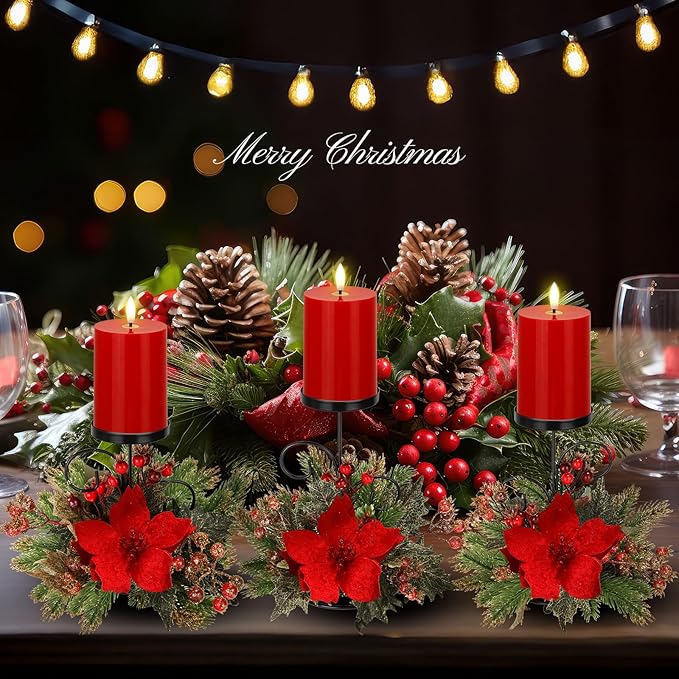 Yunlly Set of 3 Christmas Centerpiece Candleholder with Flameless Candlelights, Poinsettia Adorned Candelabrum for Xmas Family Party Holiday Table Mantle Decoration