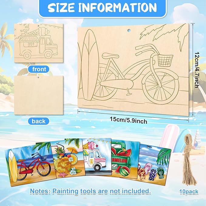 COCHIE 10 Pieces Large Summer Unfinished Wood Crafts to Paint for Kids Adults, Bulk Predrilled Wooden Ornaments for Painting, Beach Pattern Paintable Wood Slices Craft Supplies with Ropes