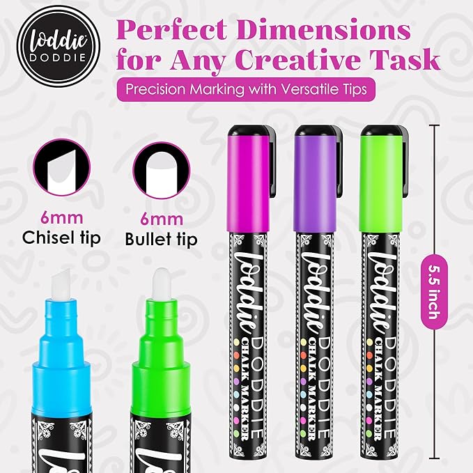 Loddie Doddie Liquid Chalk Markers (24-Pack) - Dust-Free Erasable Pens for Windows, Glass, Chalkboard & Blackboard - 6mm Reversible Bullet & Chisel Tip