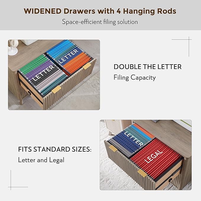 T4TREAM 2 Drawer File Cabinet, 31.8" W Fluted Lateral File Cabinet w/Files Hanging Rod for Letter/Legal/A4, Large Tabletop for Printer, Office Wood Printer Cabinets, Alder Grey (Gen 2)