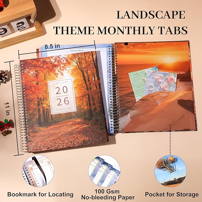 CAGIE 2026 planner Weekly and Monthly Jan 2026-Dec 2026 Hardcover Hourly Daily Planners for Women 26 Calendar Planner with Stickers Spiral Bound Yearly Agenda, 8.5 x 11