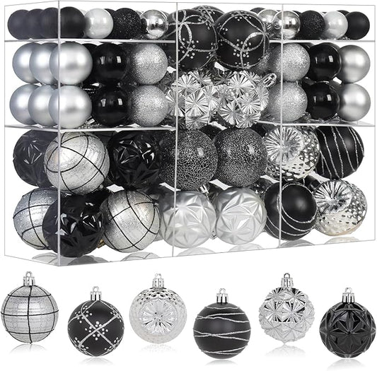 100ct Black and Silver Christmas Ornaments Set, Shatterproof Christmas Decorations for Tree Plastic Xmas Ball Ornaments with Assortment of Designs and Size for Holiday Party Decor (Black & Silver)