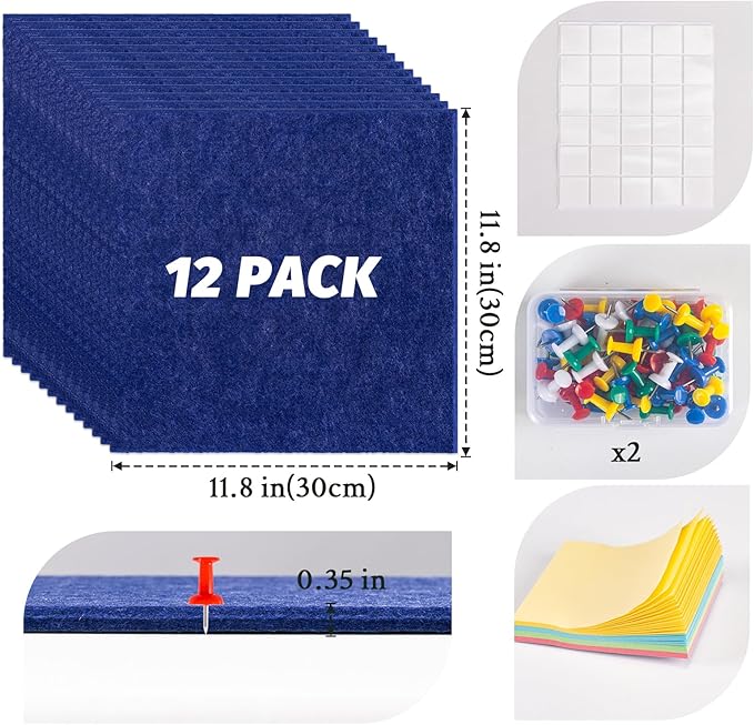 Large Cork Board Alternative, 12 Pack Felt Board with Safe Removable Adhesive Tabs Felt Wall Tiles, Large Cork Boards for Walls, Cork Board for Home Office, Pin Boards for Walls, Royal Blue