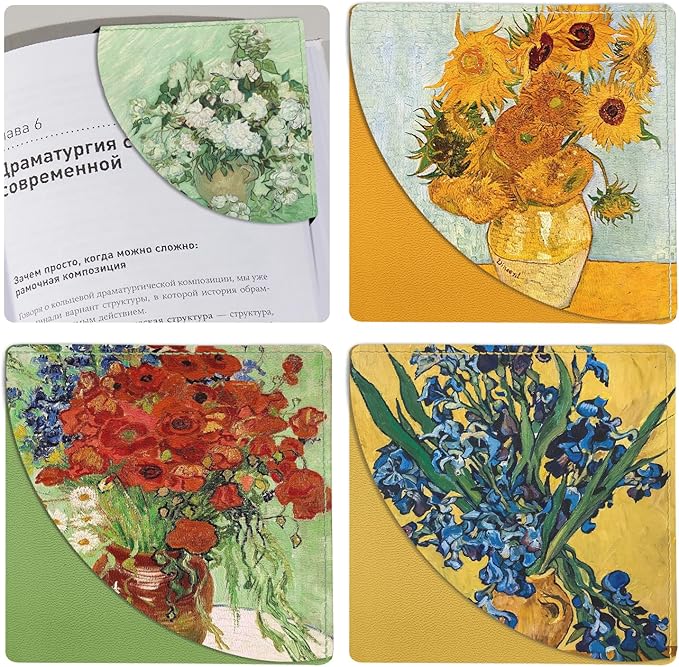 Cute Floral Leather Bookmarks 4Pcs, Van Gogh Oil Painting Making Corner Bookmark, Fun Book Accessories for Reading Book Lovers, Personalized Page Markers（Rose Sunflower Irises Poppies ）