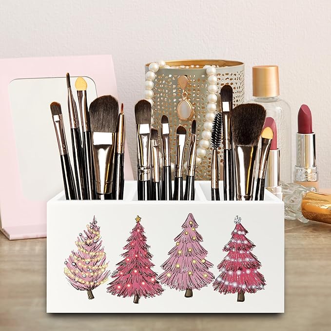 Pink Christmas Tree Pen Pencil Holder Organizer for Desk, Preppy Girly Xmas Holiday Wooden Box Signs Decorations for Girls Room Home Office Desk Tabletop, Girly Christmas Decor