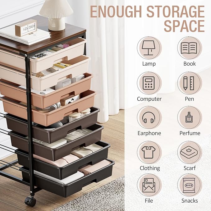 TOOLF Rolling Carts with Wheels, 8-Drawer Utility Cart, Wooden Tabletop Storage Cart for Office, Arts & Crafts, Classroom, Bedroom, Brown