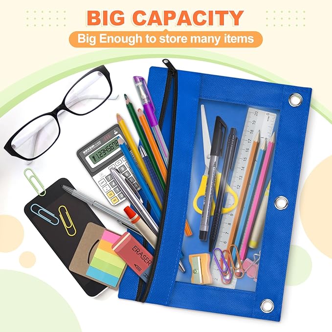Shemira Pencil Pouch for 3 Ring Binder, Binder Pencil Pouch with Smooth Zipper, Clear Window Pencil Case for Binder, Zipper Pencil Pouches, Big Capacity 3 Ring Binder Pencil Bag, Azure Blue