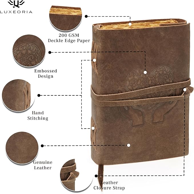 LUXEORIA Heart Journal for Women and Men, Handcrafted Leather Journal for Writing Womens, Sketchbook, Travel Diary with Unlined Deckle Paper, Distressed Brown 7x10
