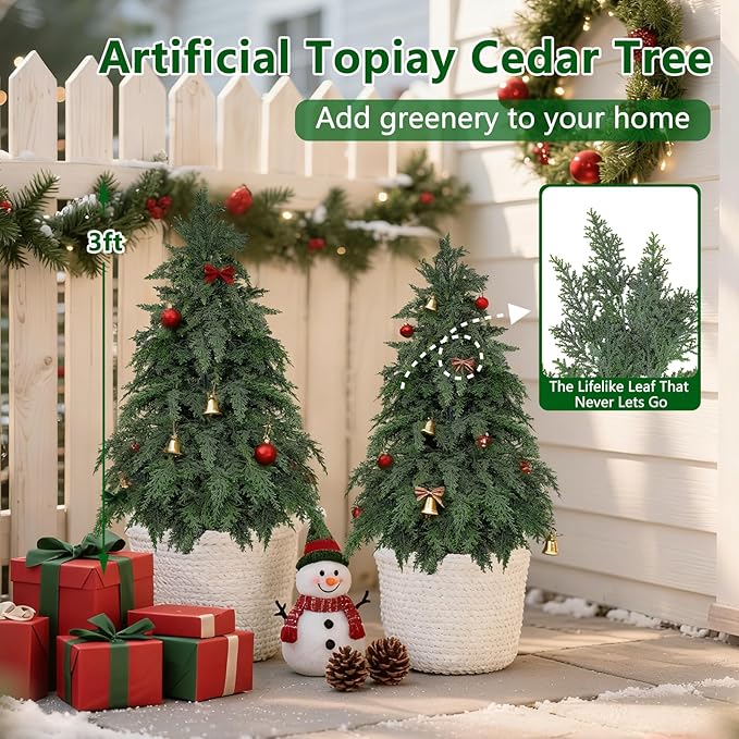 3FT Artificial Topiary Tree with Pot, 2 Pack Fake Evergreen Tree for Porch, Artificial Plants for Outdoor Christmas Home Garden Decor