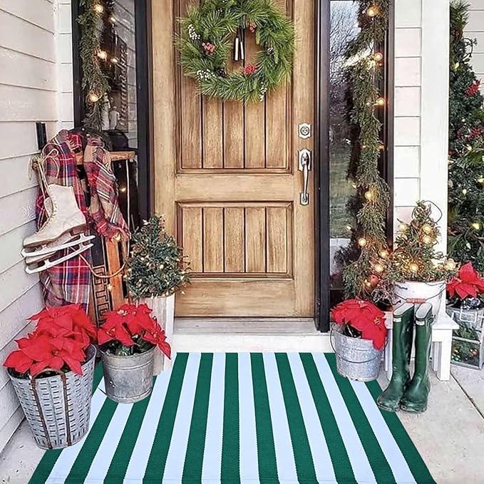 CAINANEL Christmas Outdoor mat 27.5"x43" Green and White Striped Outdoor Rug Front Porch Rug,Christmas Home Decor, Layerd Welcome Doormat for Front Porch Decor, Front Door, Farmhouse Decor