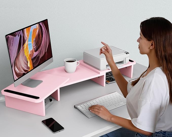 Zimilar Dual Monitor Stand Riser, Monitor Stand with Adjustable Length and Angle, Wood Monitor Stand for Desk, Monitor Riser for 2 Monitors with Storage Space