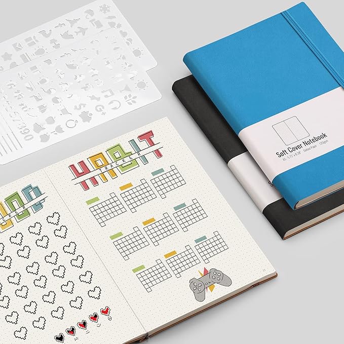 AHGXG Dotted Bullet Grid Journal 2 Pack - A5 Dot Grid Notebook Softcover, Medium 5.75'' × 8.38'', 320 Numbered Pages, 120gsm Thick Dotted Paper, Soft Leather Cover (Black Blue)