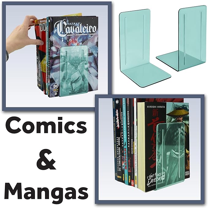 Acrimet Bookends 1 Pair, Clear Plastic Bookends for Shelves or Desktop, Book Holder for Home, Office, Library, School (Clear Green Color)