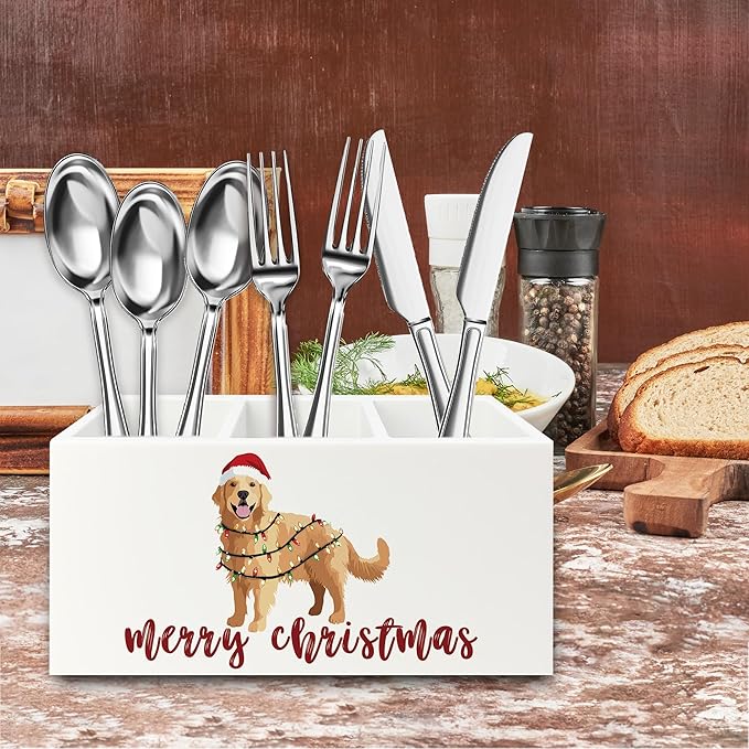 Golden Retriever Christmas Pen Pencil Holder Organizer for Desk, Merry Christmas Funny Xmas Santa Dog Wooden Box Signs Decorations for Home Office Desk Tabletop, Golden Retriever Lovers Gifts