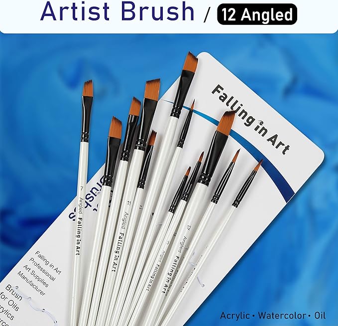 Falling in Art Paint Brushes Set, 12 PCS Nylon Professional Angled Paint Brushes for Watercolor, Oil Painting, Acrylic, Face Body Nail Art, Crafts, Rock Painting