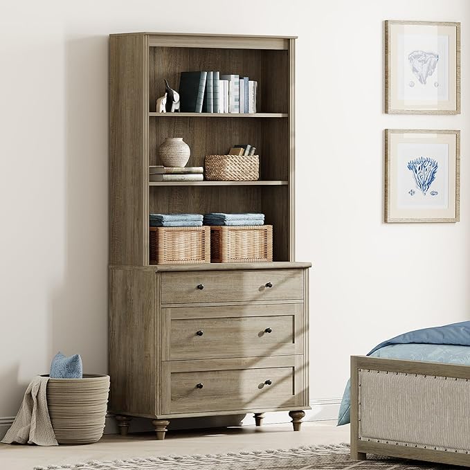 WAMPAT 72" Tall Bookcase Large Display Book Case Shelf with 3-Tier Open Book Shelfs, 3 Tier Farmhouse Style Bookshelf with 3 Drawers, Wood Bookshelves for Living Room or Study Room, Wash Grey