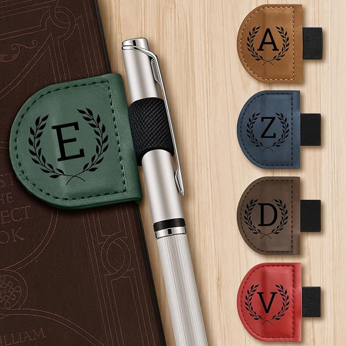 Personalized Bygone Mark Bookmark with Pen Holder,Engraving Leather Magnetic Bookmarks Vintage 26 Letters Name Initials Text Book Marker Clips Gifts for Reading Book Lovers Women (Coffee, T)
