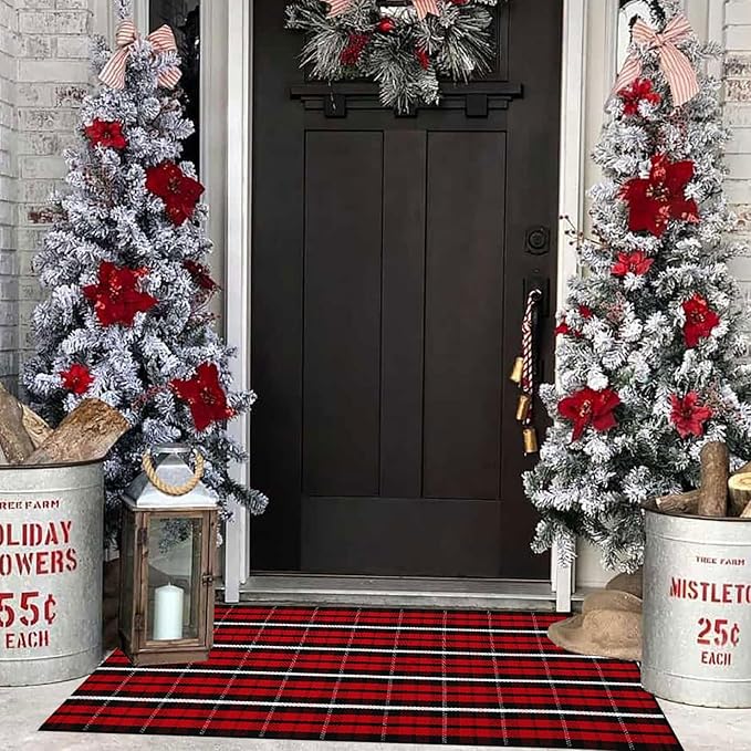 Christmas Plaid Outdoor Rug, 2' x 4'3'' Red & Black Check Indoor/Outdoor Area Rug, Layering Rug for Hello/Welcome Door Mat, Machine Washable Cotton Woven Farmhouse Mat for Front Porch Décor