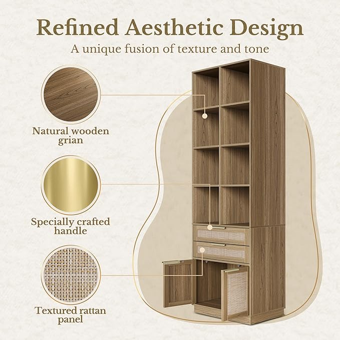 Bookshelf with 2 Drawers and Doors, 73 Inch Rattan Tall Bookcase with 4-Tier Storage Shelves, Wooden Book Shelf for Home Office, Light Oak