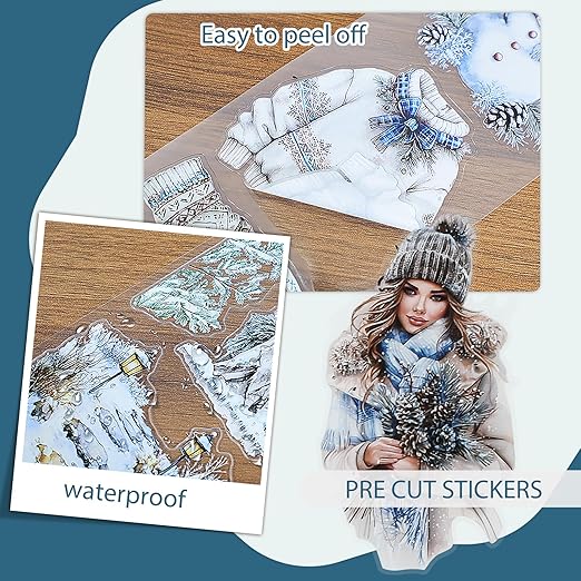 Snycler Pre-Cut Blue Snowflake Themed PET Washi Tapes - Vintage Aesthetic Tape Stickers for Journaling, Scrapbooking, Junk Journals, Crafts, Planners - 4 Rolls