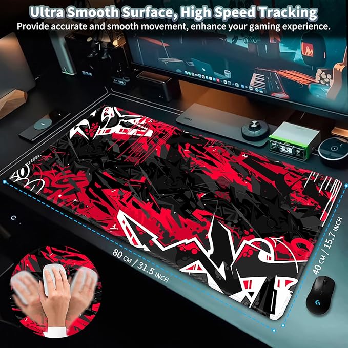 Gaming Mouse Pad, EDGFRTOIO Keyboard Mouse Pad 31.5x15.7 inch XXL Large Computer Laptop Cool Desk Mat with Non-Slip Rubber Base and Stitched Edge for Home Office Work, Black Red Graffiti