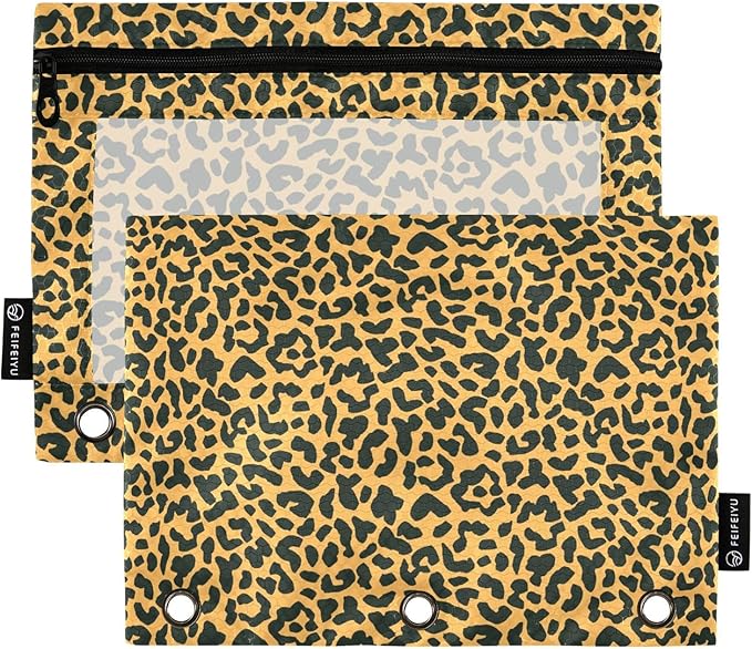 ALAZA Pencil Pouch for 3 Ring Binder, Animal Leopard Print Cheetah Binder Pencil Pouches with Clear Window Zipper Pencil Case Cosmetic Bags for Office College Supplies, 2PCS