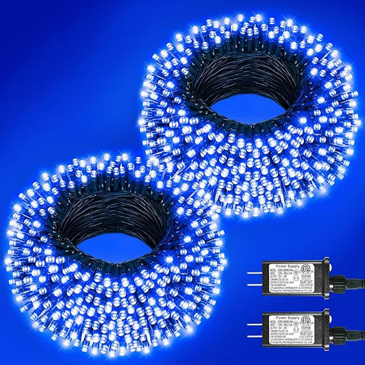 2 Pack Christmas Lights Outdoor, Total 200FT 600LED Christmas Tree Lights with 8 Modes Waterproof, Green Wire String Twinkle Lights for Indoor Home Garden Xmas Party Holiday Decorations, Blue