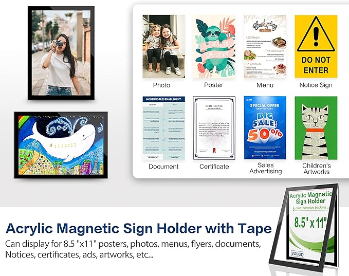 8.5" x 11" Acrylic Magnetic Sign Holder Wall Mount, Self Adhesive Magnetic Display Frame with Nano Tape and Strong Magnetic Border for Wall, Door, Glass, Home, Store, Office (Black, 10Pack)