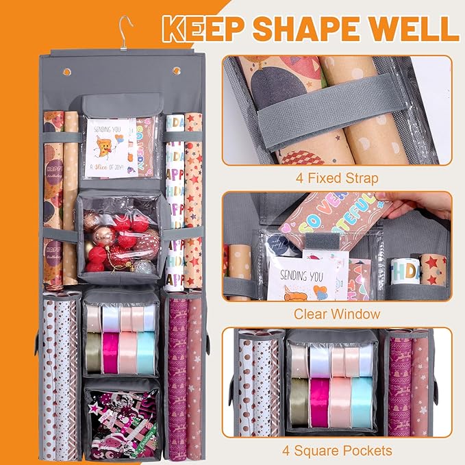 Hanging Gift Wrapping Paper Storage, 40x16 inch Double-Sided Gift Wrap Organizer Christmas Wrapper Paper Container, Heavy Duty Oxford Bag Gift Holder