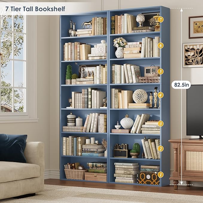 FACBOTALL 82" Tall Bookshelf, 7-Tier Open Shelves Bookcase, Freestanding Display Storage Shelves, Tall Bookcase Home Decor Furniture for Home Office, Living Room, Bedroom, Blue